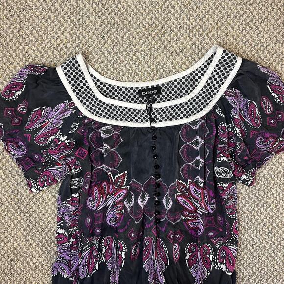 Stunning vintage y2k silky floral paisley purple and navy babydoll top - Picture 3 of 6